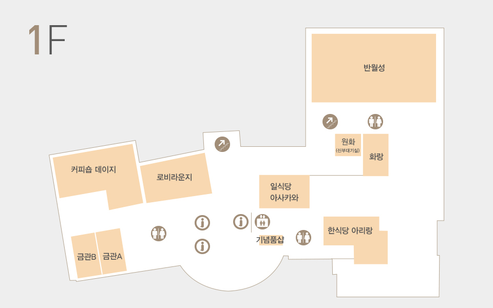 1층 : 반월성, 커피숍 데이지, 로비라운지, 일식당 아사카와, 원화, 화랑, 금관B, 금관A, 기념품샵, 한식당 아리랑